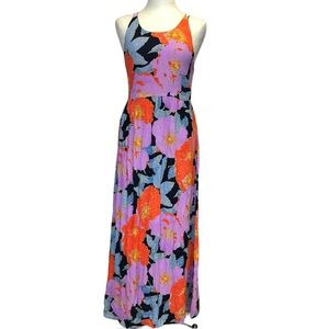 LOFT | Floral Maxi Dress Strappy Crisscrossed Back Full Bloom Size 4